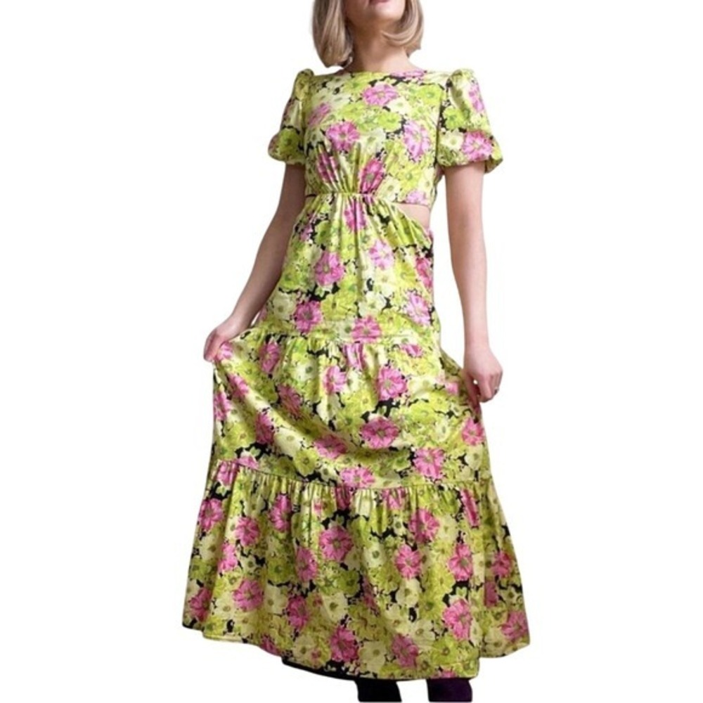 WAYF Cottage Romantic Neon Green Floral Poplin Puff Sleeve Maxi Dress